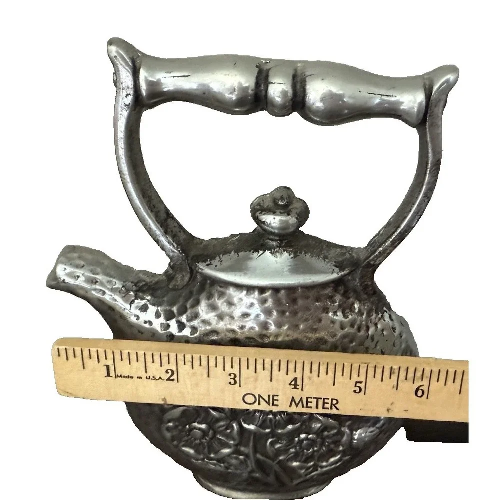 Vintage Pewter decorative hanging teapot Wall Mount Flower Pattern 9.5